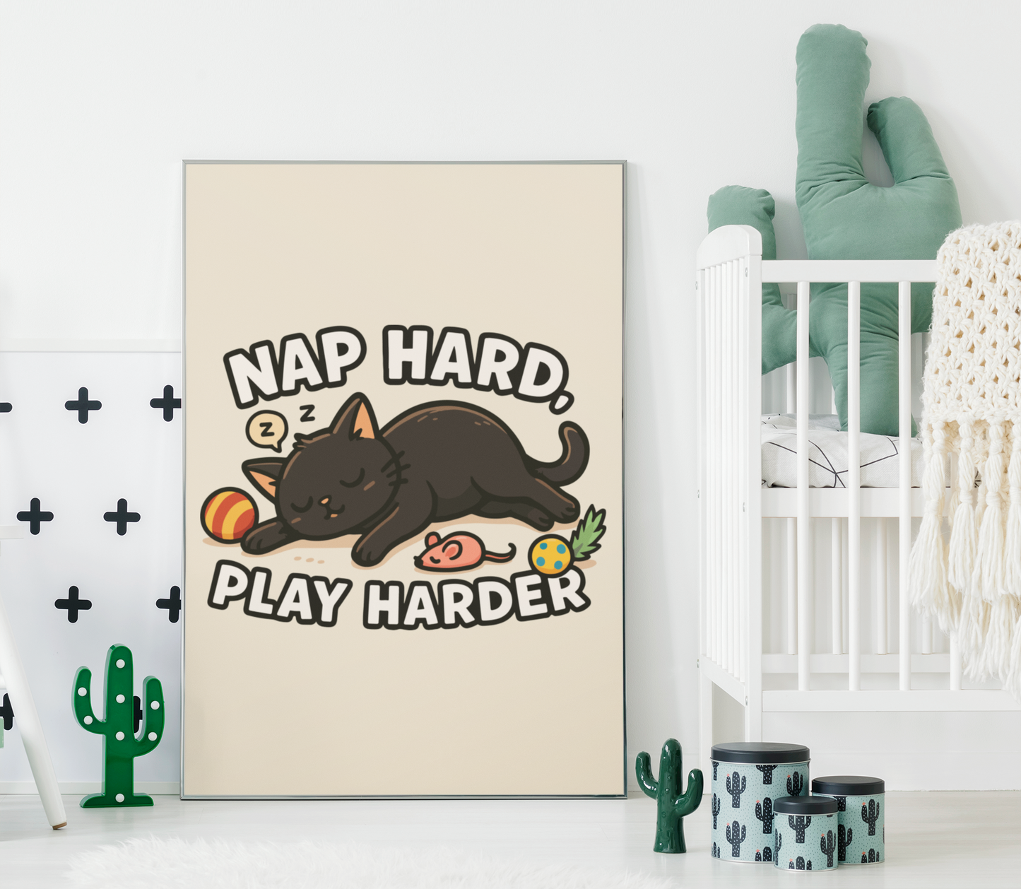 Whimsical Cat Poster - Nap Hard, Play Harder Decor for Cat Lovers