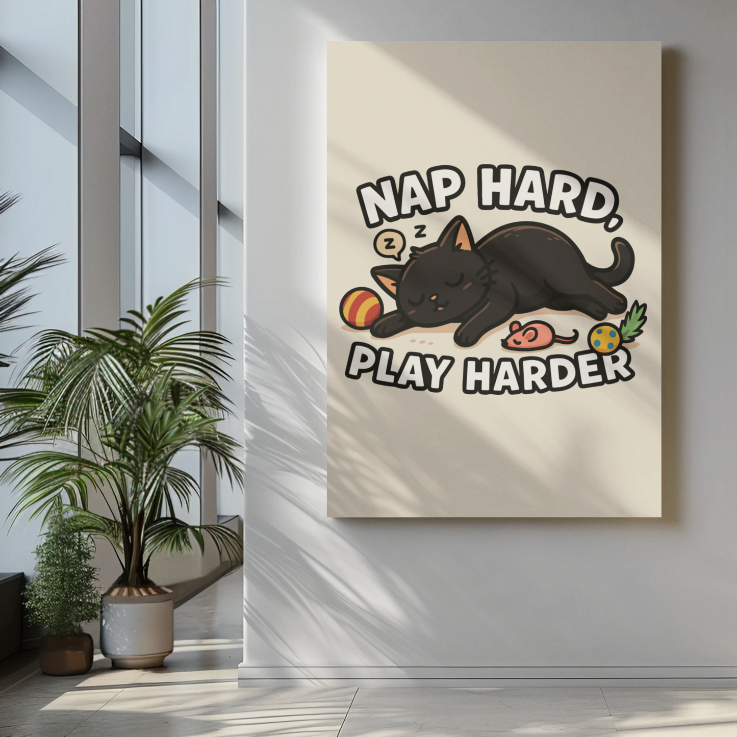 Whimsical Cat Poster - Nap Hard, Play Harder Decor for Cat Lovers