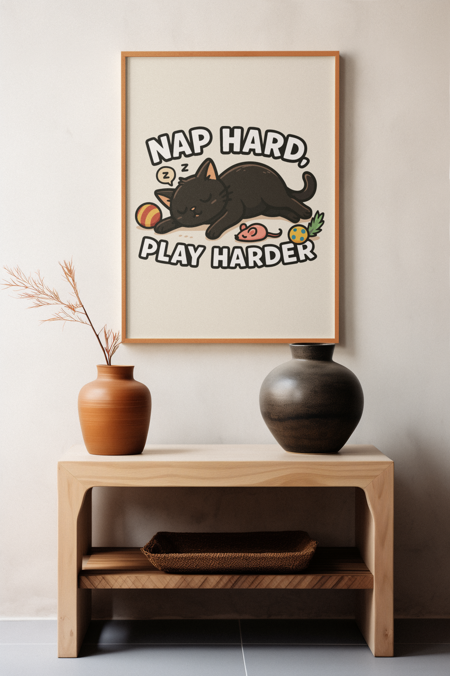 Whimsical Cat Poster - Nap Hard, Play Harder Decor for Cat Lovers