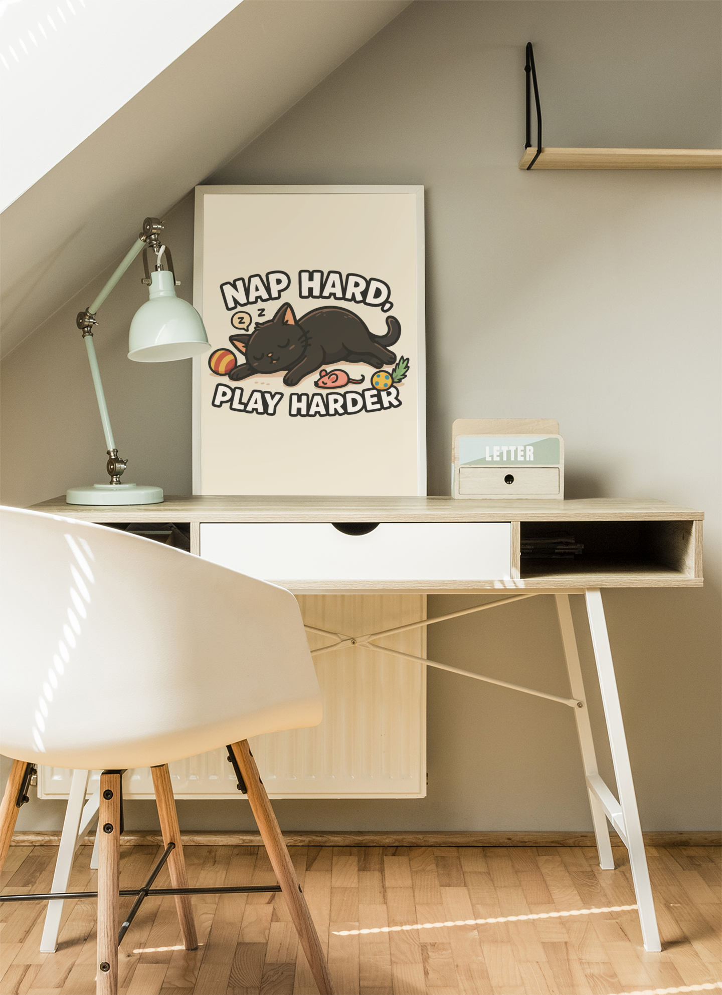 Whimsical Cat Poster - Nap Hard, Play Harder Decor for Cat Lovers