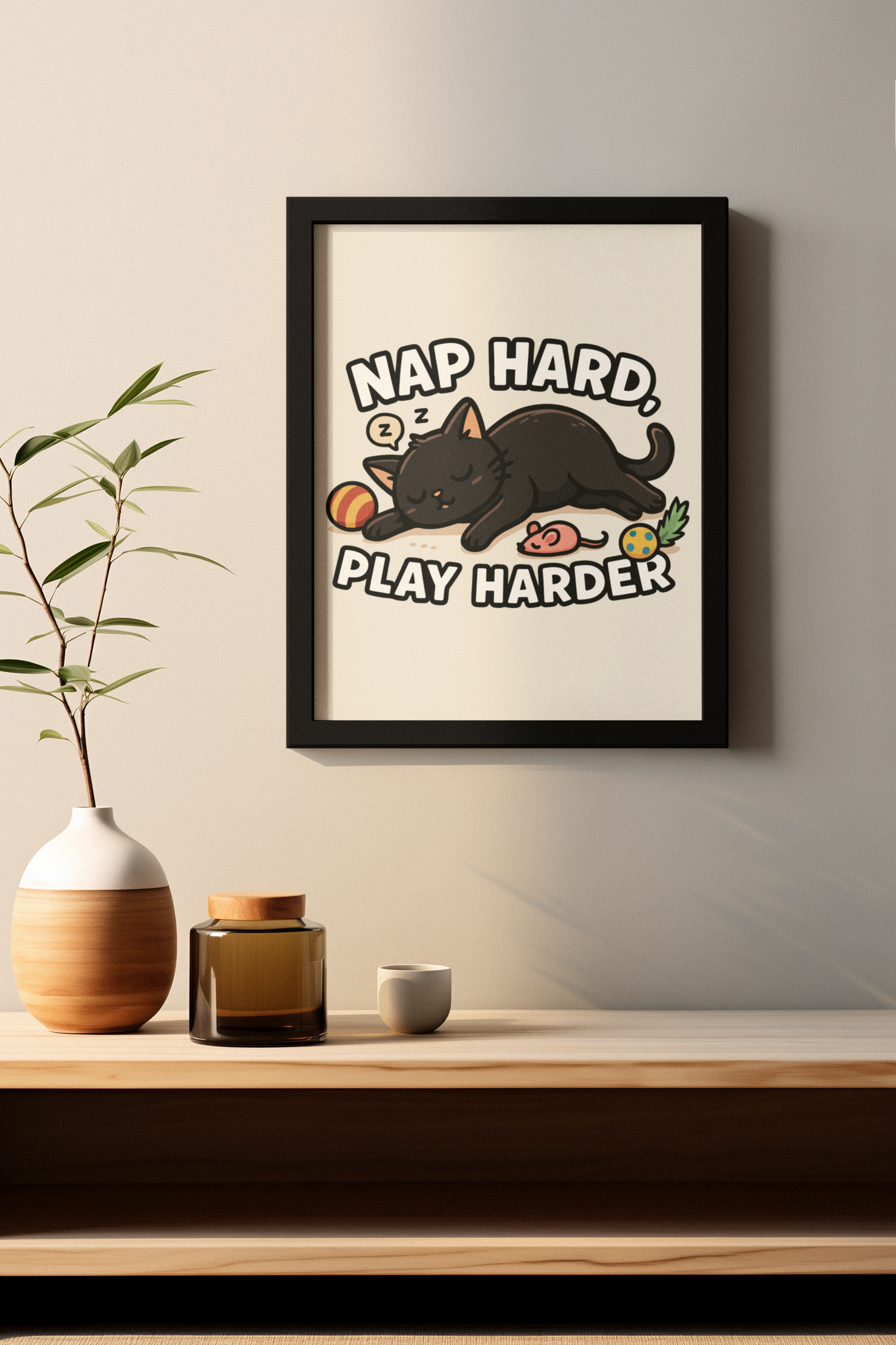 Whimsical Cat Poster - Nap Hard, Play Harder Decor for Cat Lovers