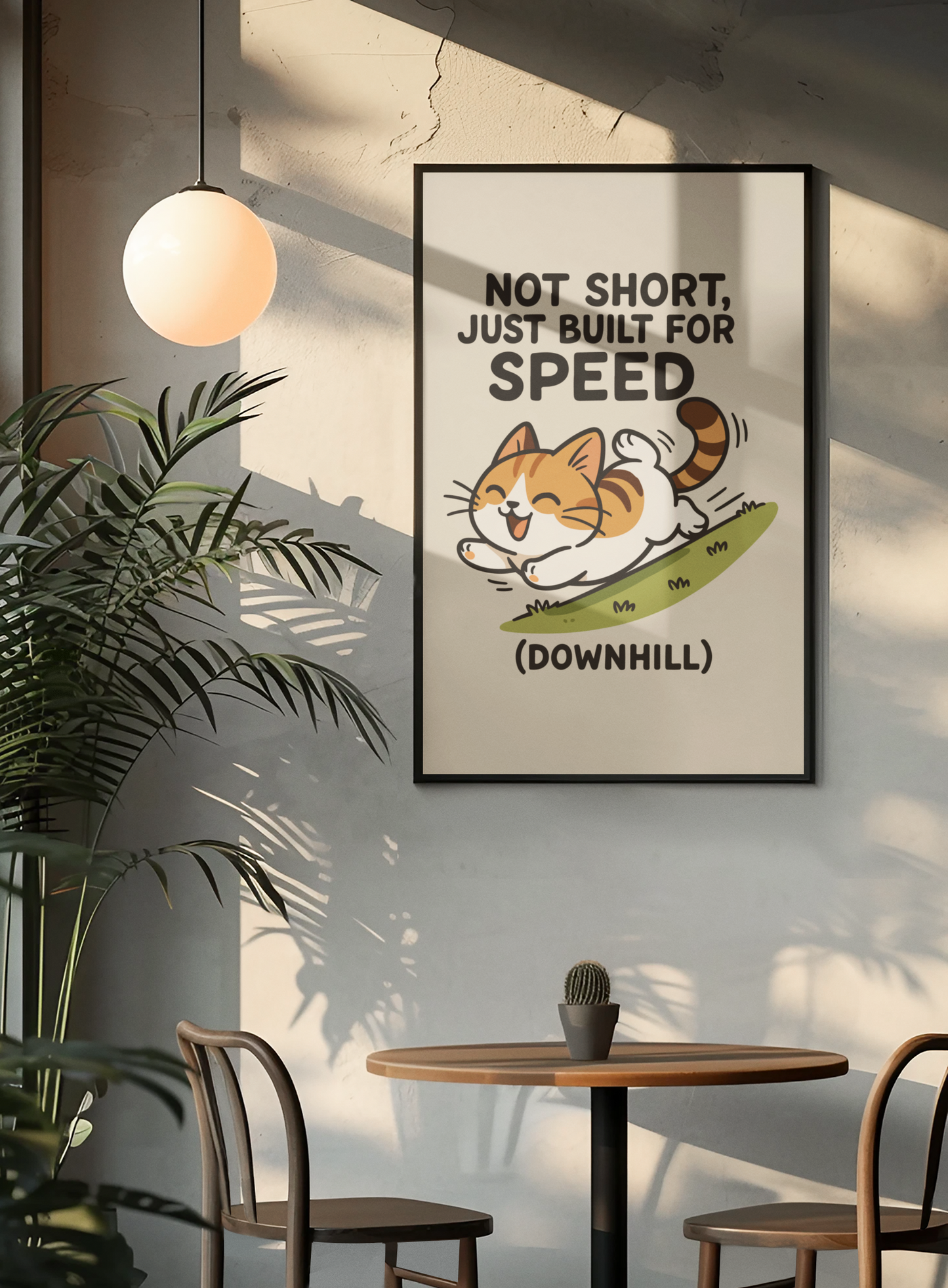 Funny Cat Memes: Whimsical Cat Poster - 'Not Short, Just Built for Speed' - Fun Wall Art for Cat Lovers