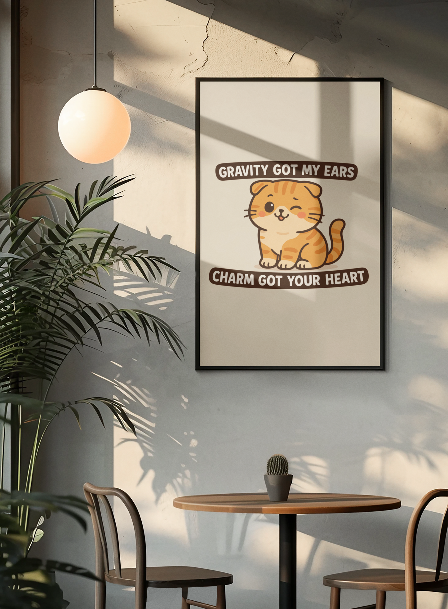 Funny Cat Memes: Adorable Cat Poster - 'Gravity Got My Ears, Charm Got Your Heart' - Cute Home Decor for Cat Lovers