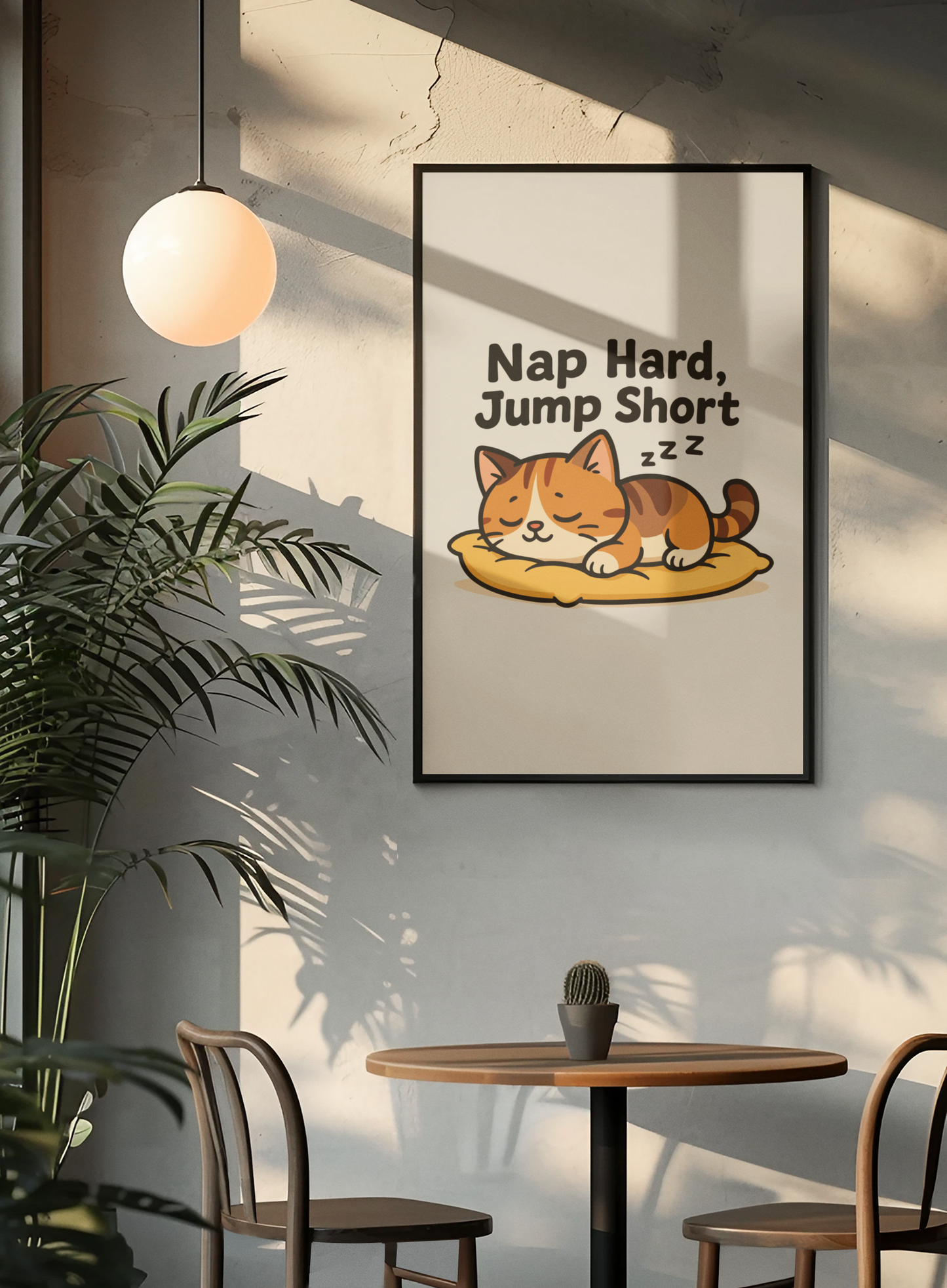 Funny Cat Memes: Cute Cat Nap Poster - 'Nap Hard, Jump Short' Wall Art