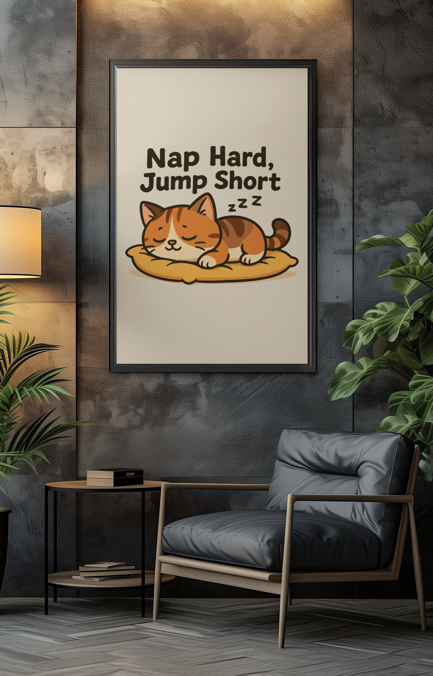 Funny Cat Memes: Cute Cat Nap Poster - 'Nap Hard, Jump Short' Wall Art
