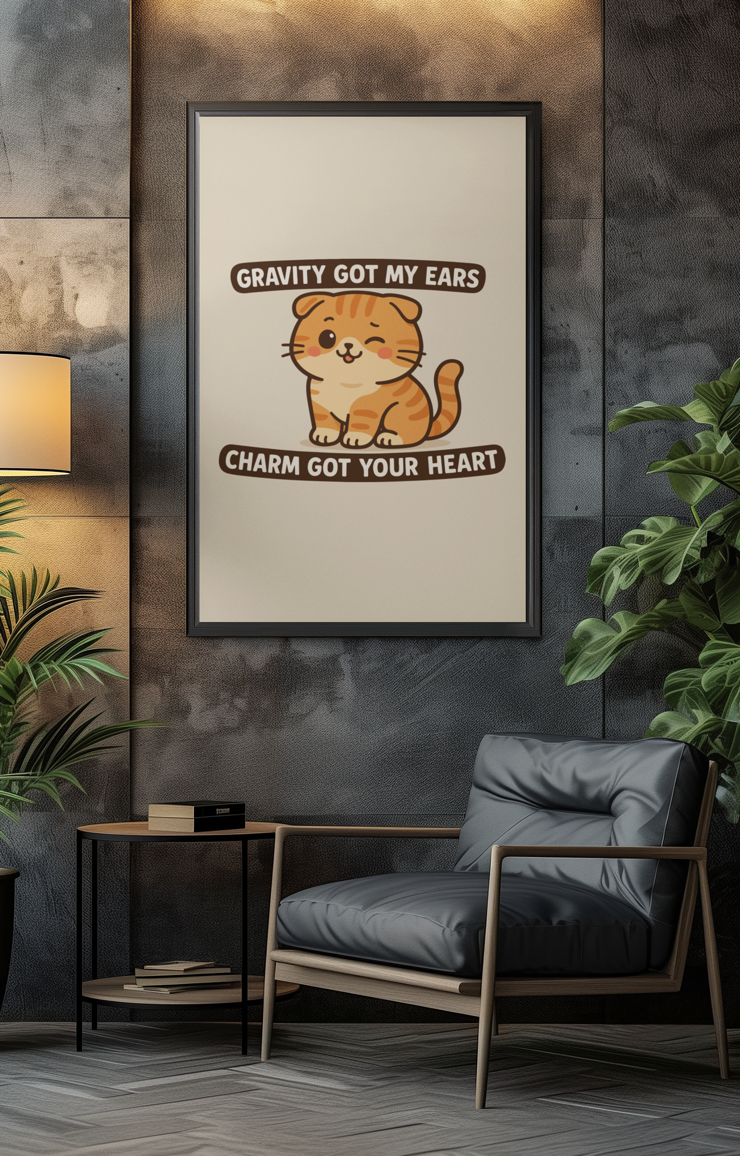 Funny Cat Memes: Adorable Cat Poster - 'Gravity Got My Ears, Charm Got Your Heart' - Cute Home Decor for Cat Lovers