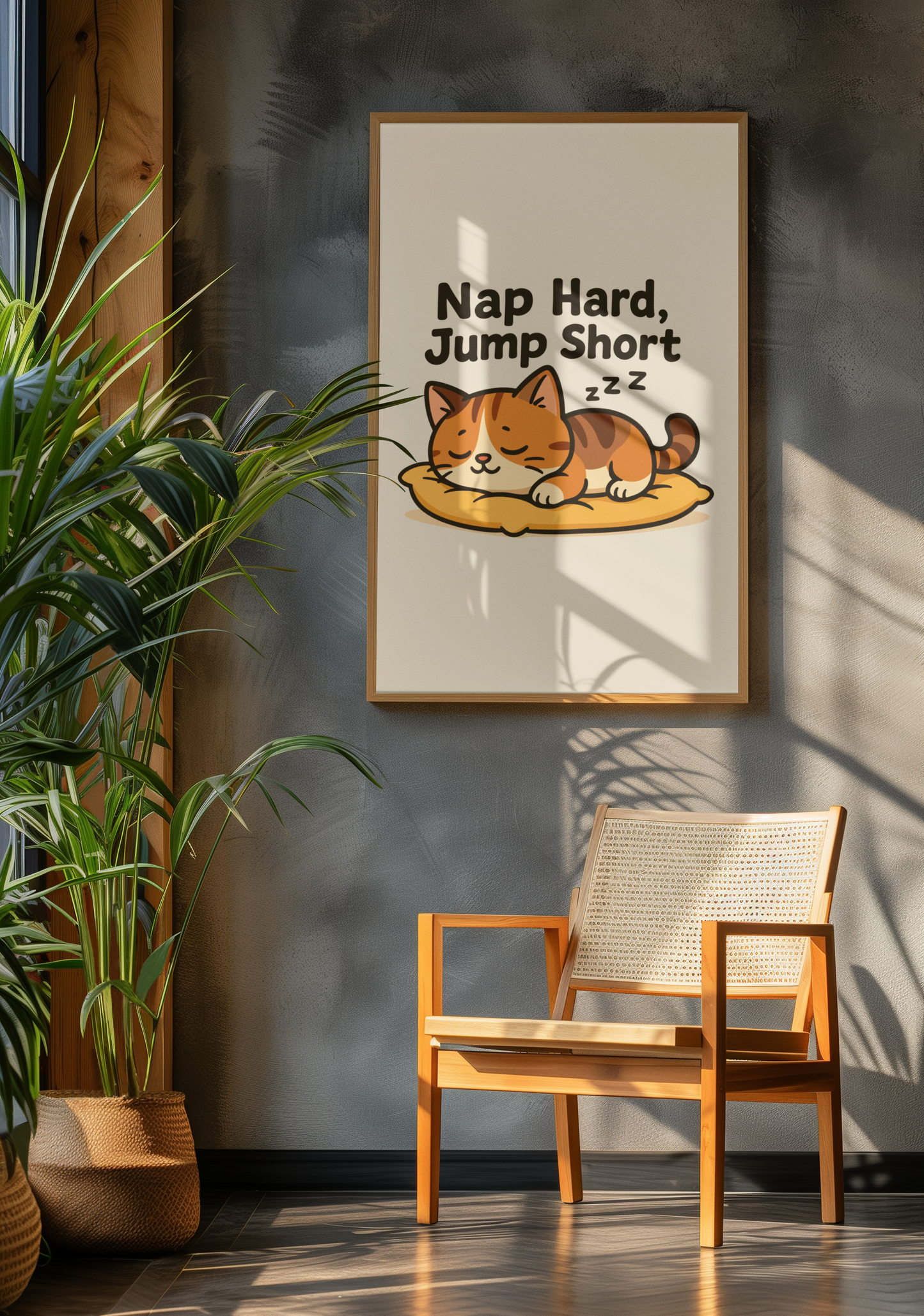 Funny Cat Memes: Cute Cat Nap Poster - 'Nap Hard, Jump Short' Wall Art