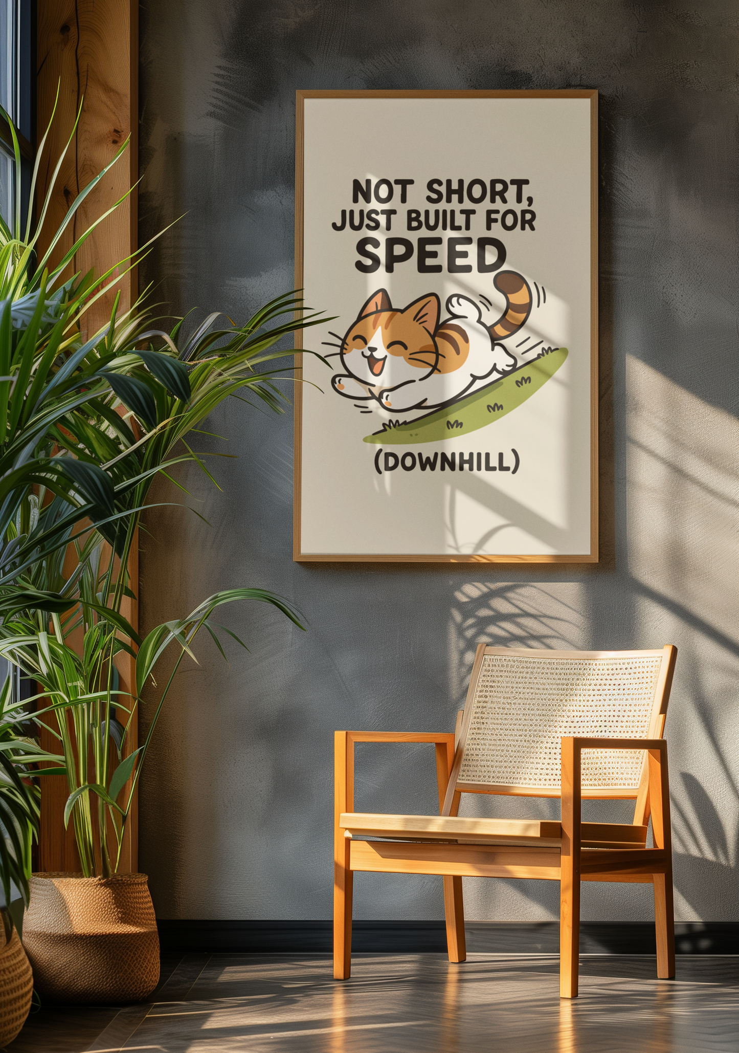 Funny Cat Memes: Whimsical Cat Poster - 'Not Short, Just Built for Speed' - Fun Wall Art for Cat Lovers