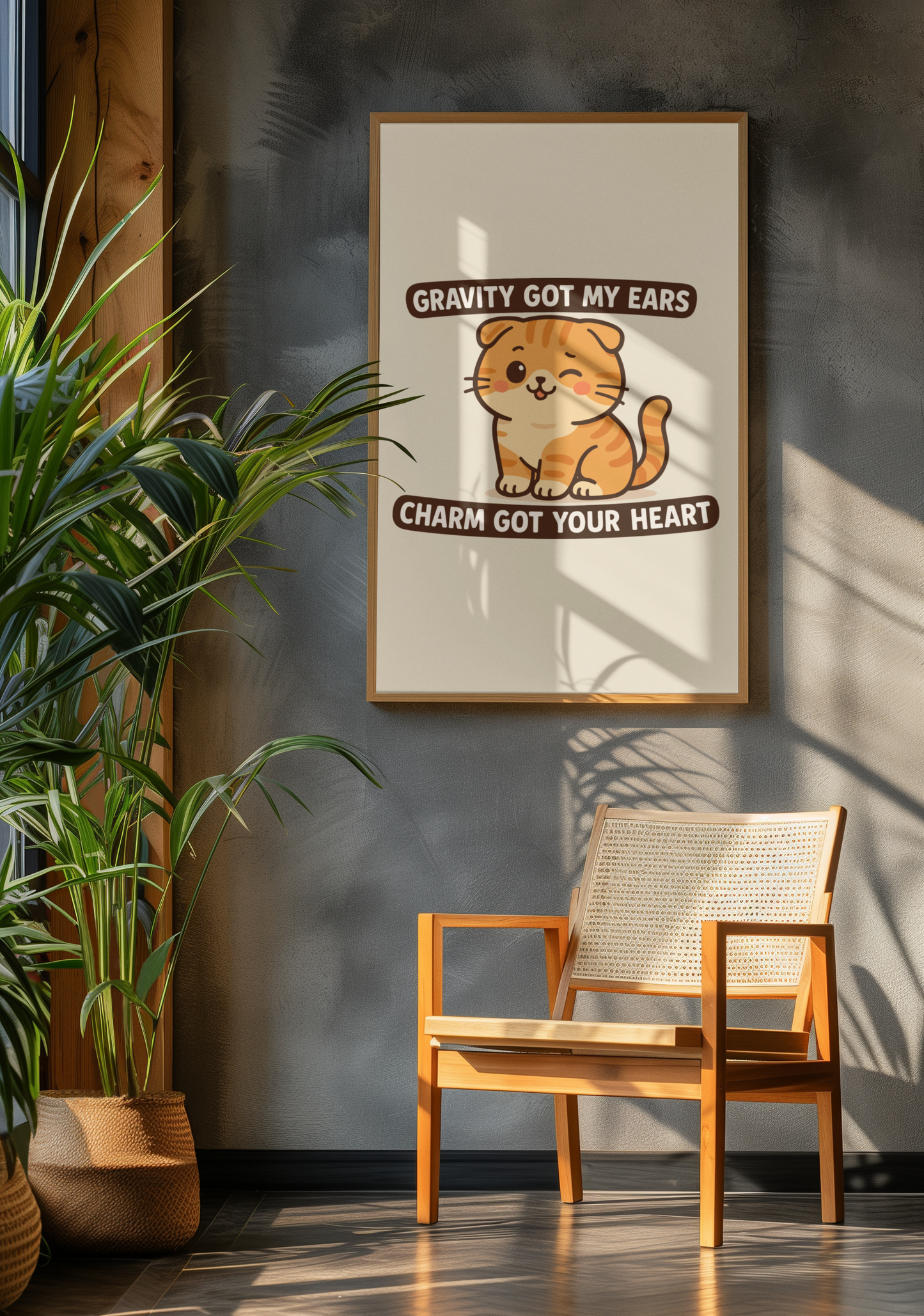 Funny Cat Memes: Adorable Cat Poster - 'Gravity Got My Ears, Charm Got Your Heart' - Cute Home Decor for Cat Lovers