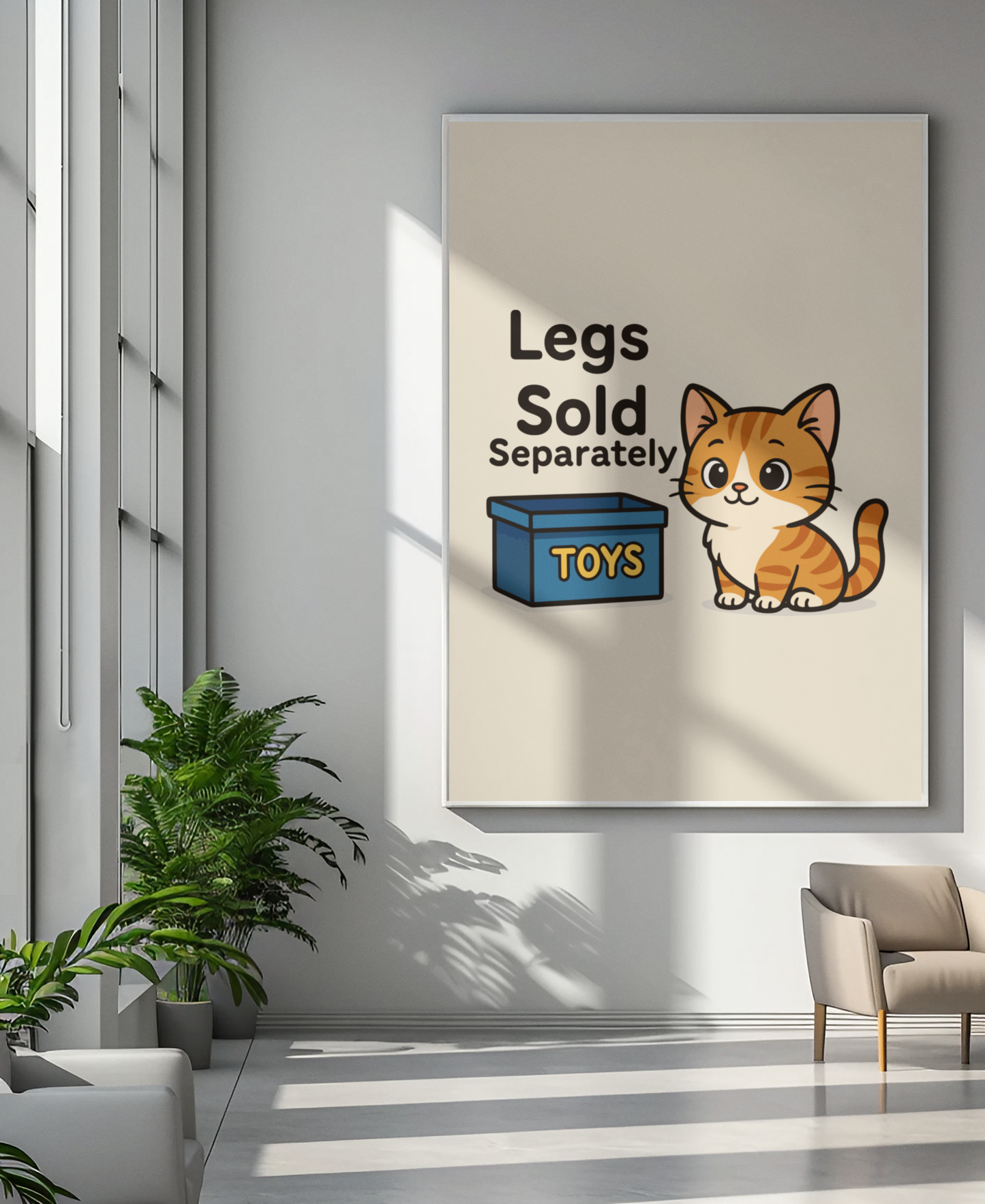 Funny Cat Memes: Whimsical Cat Poster - "Legs Sold Separately" - Cute Home Decor