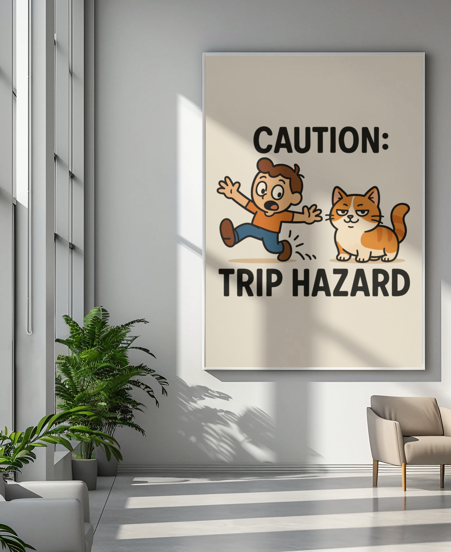 Funny Cat Memes: Whimsical Cat Warning Poster - Caution: Trip Hazard
