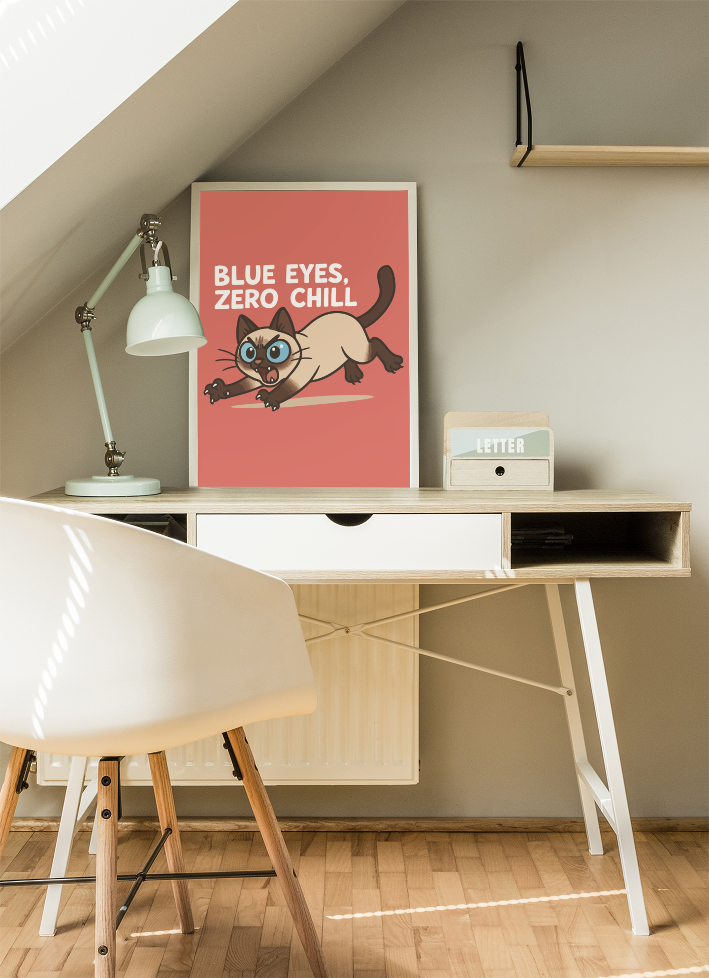 Funny Cat Memes: Whimsical Cat Art Poster - "Blue Eyes, Zero Chill" - Fun Home Decor