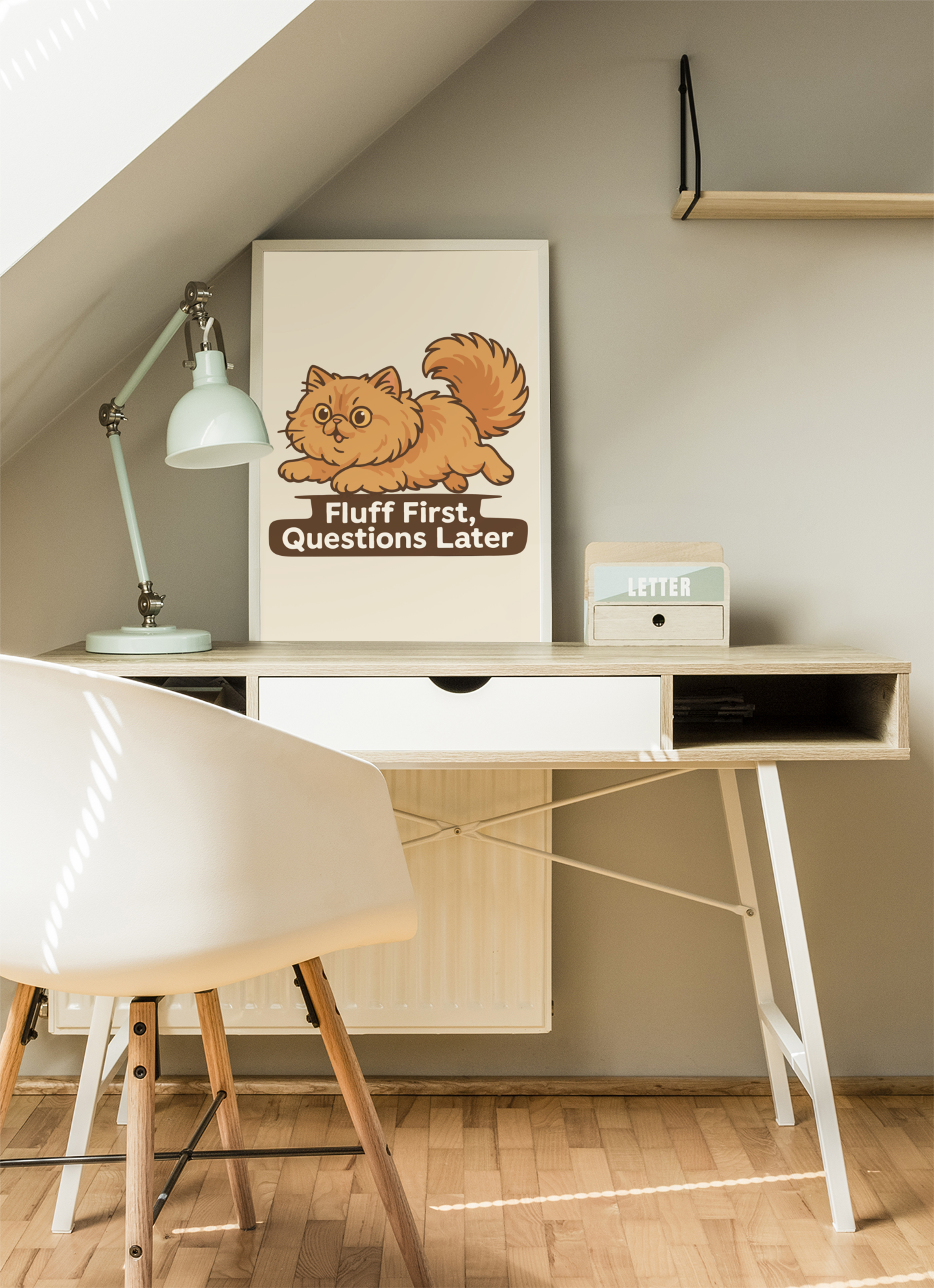 Funny Cat Memes: Cute Cat Poster - 'Fluff First, Questions Later' Decor