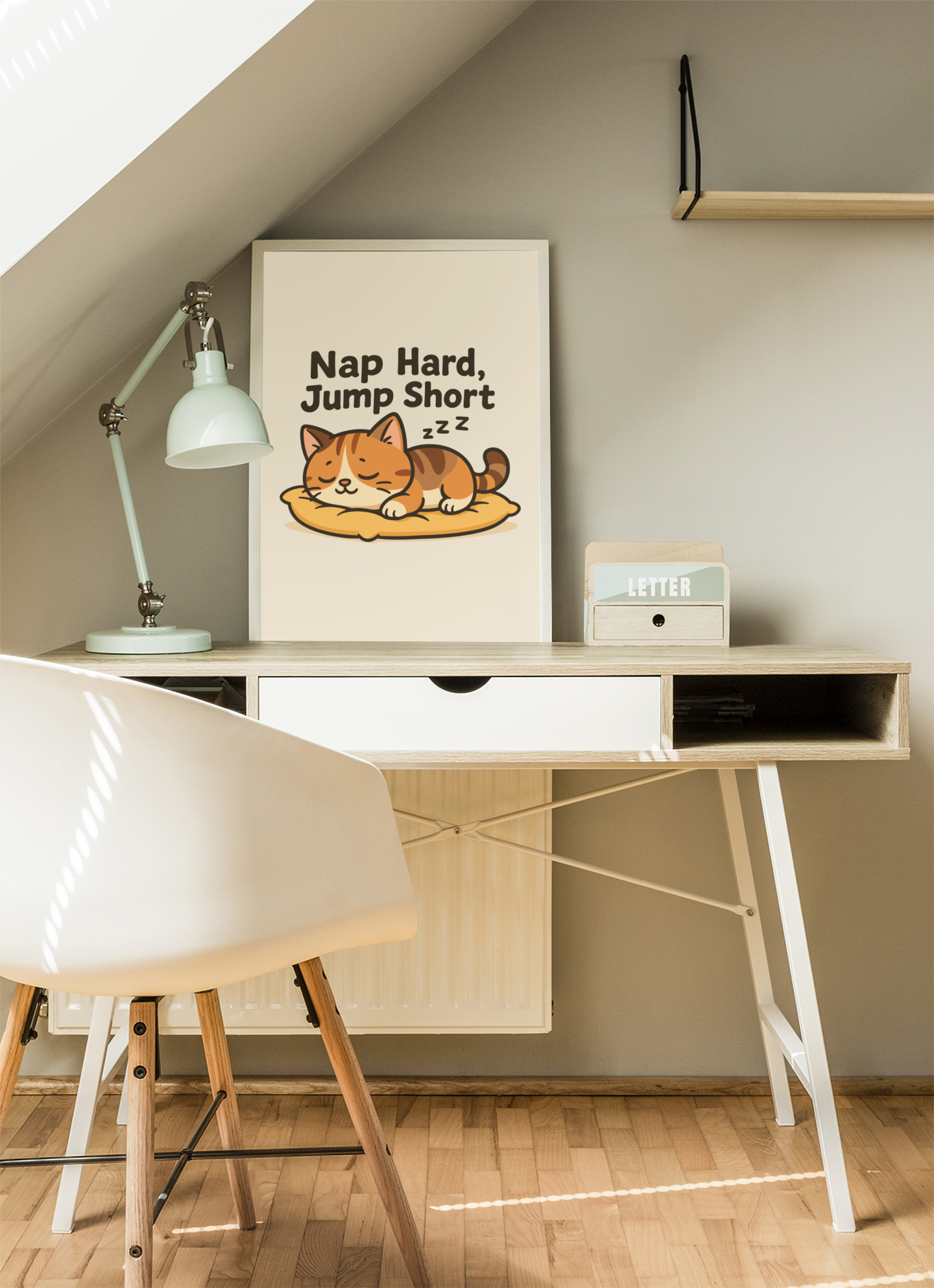 Funny Cat Memes: Cute Cat Nap Poster - 'Nap Hard, Jump Short' Wall Art
