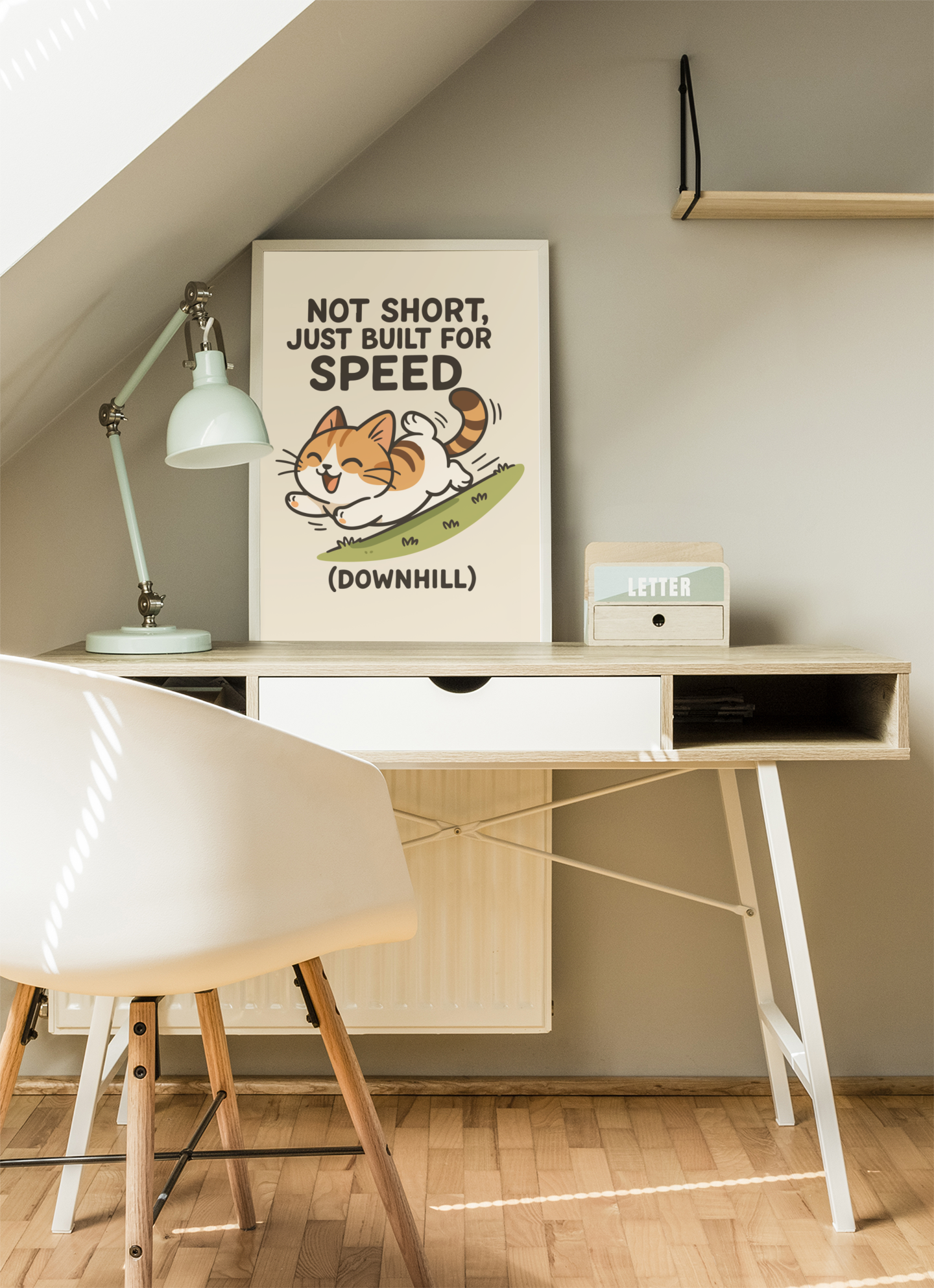 Funny Cat Memes: Whimsical Cat Poster - 'Not Short, Just Built for Speed' - Fun Wall Art for Cat Lovers