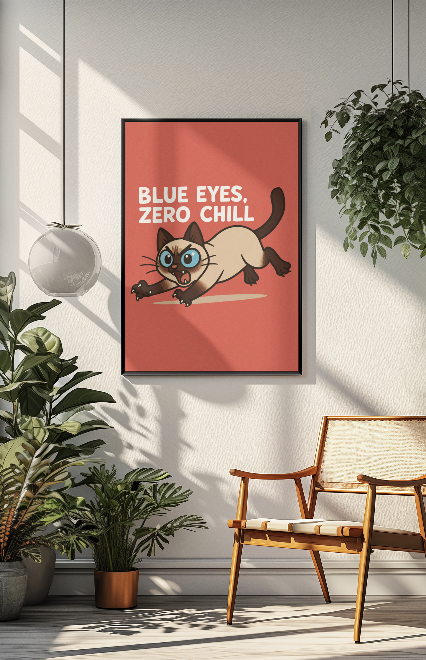 Funny Cat Memes: Whimsical Cat Art Poster - "Blue Eyes, Zero Chill" - Fun Home Decor