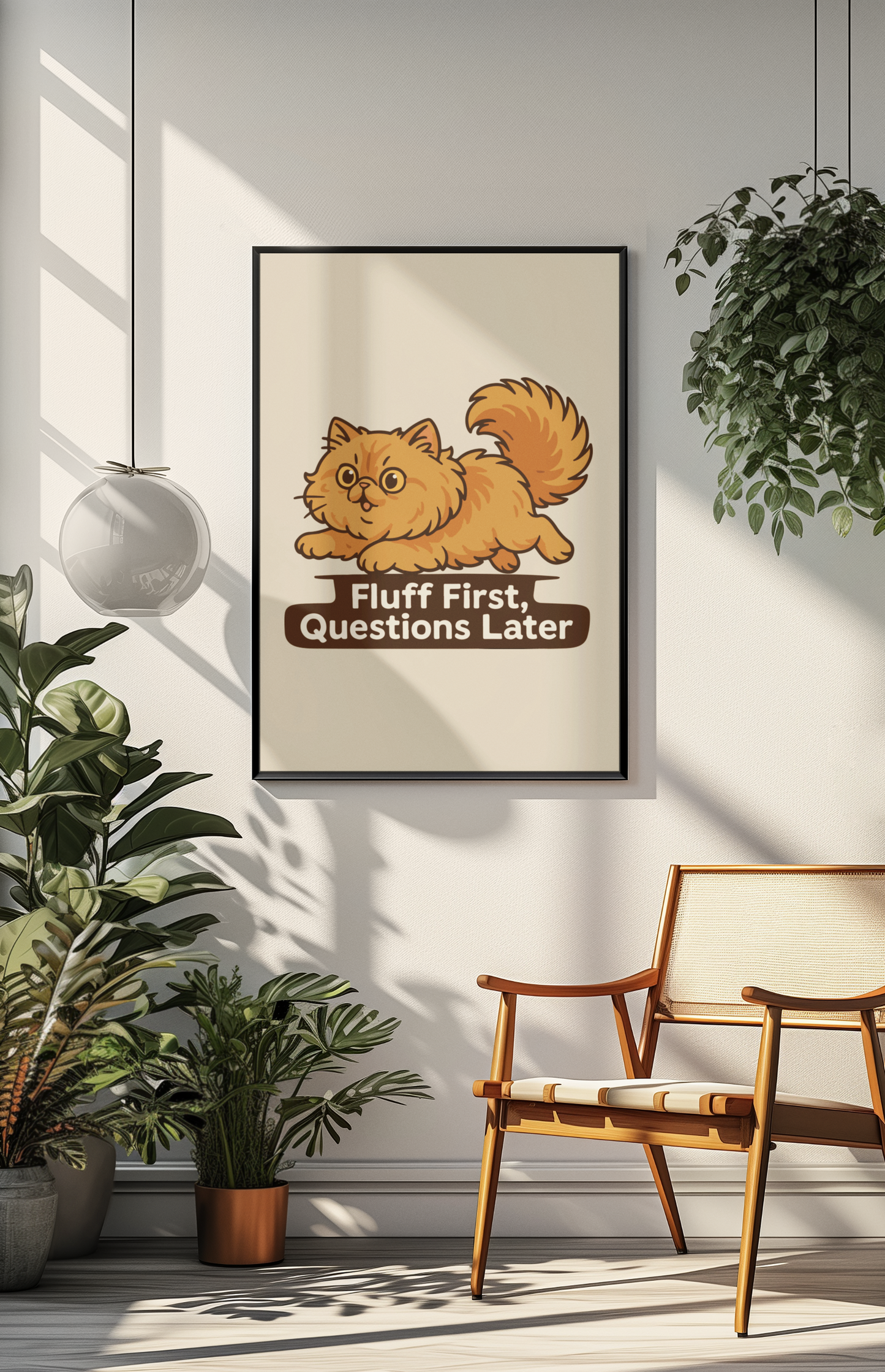 Funny Cat Memes: Cute Cat Poster - 'Fluff First, Questions Later' Decor