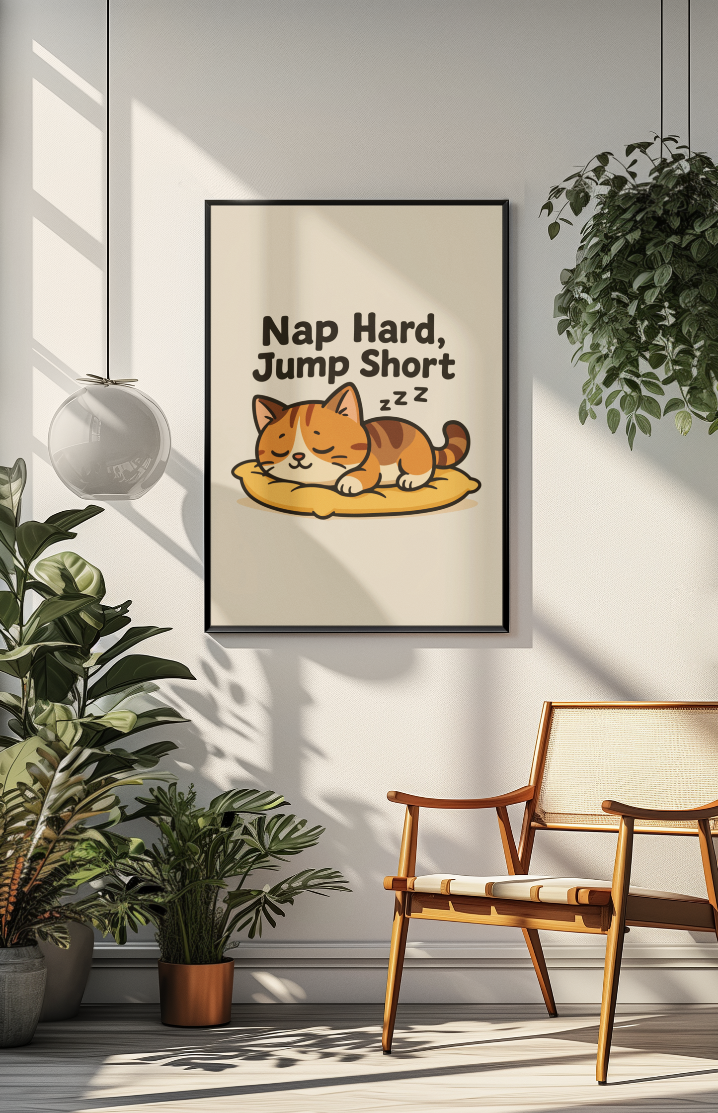 Funny Cat Memes: Cute Cat Nap Poster - 'Nap Hard, Jump Short' Wall Art
