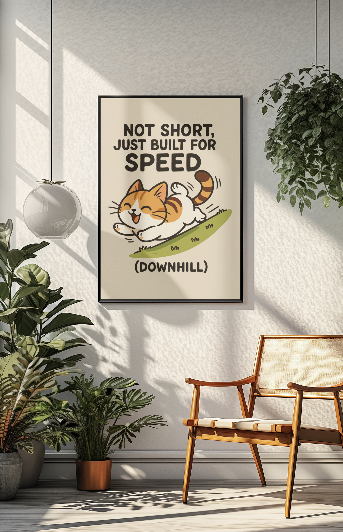 Funny Cat Memes: Whimsical Cat Poster - 'Not Short, Just Built for Speed' - Fun Wall Art for Cat Lovers