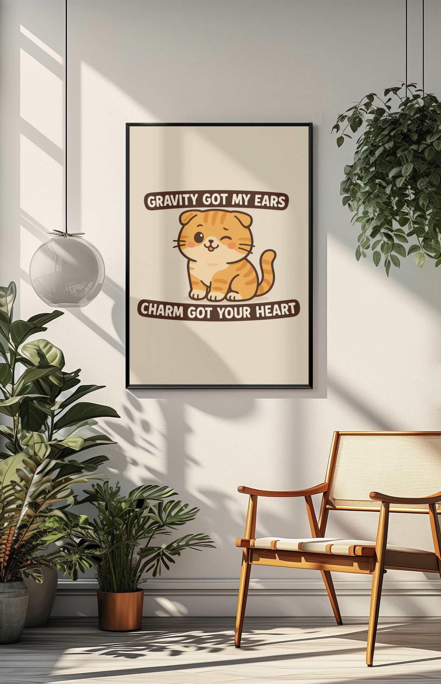 Funny Cat Memes: Adorable Cat Poster - 'Gravity Got My Ears, Charm Got Your Heart' - Cute Home Decor for Cat Lovers