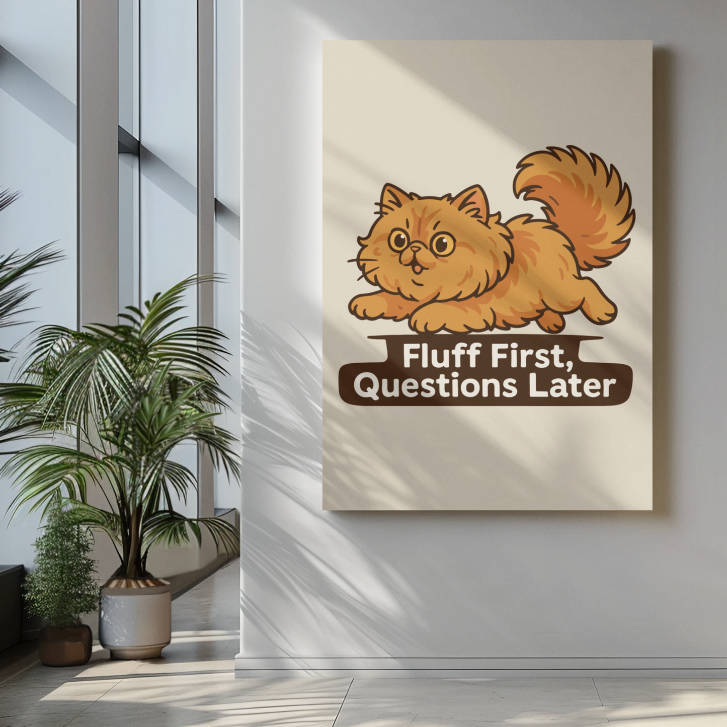 Funny Cat Memes: Cute Cat Poster - 'Fluff First, Questions Later' Decor