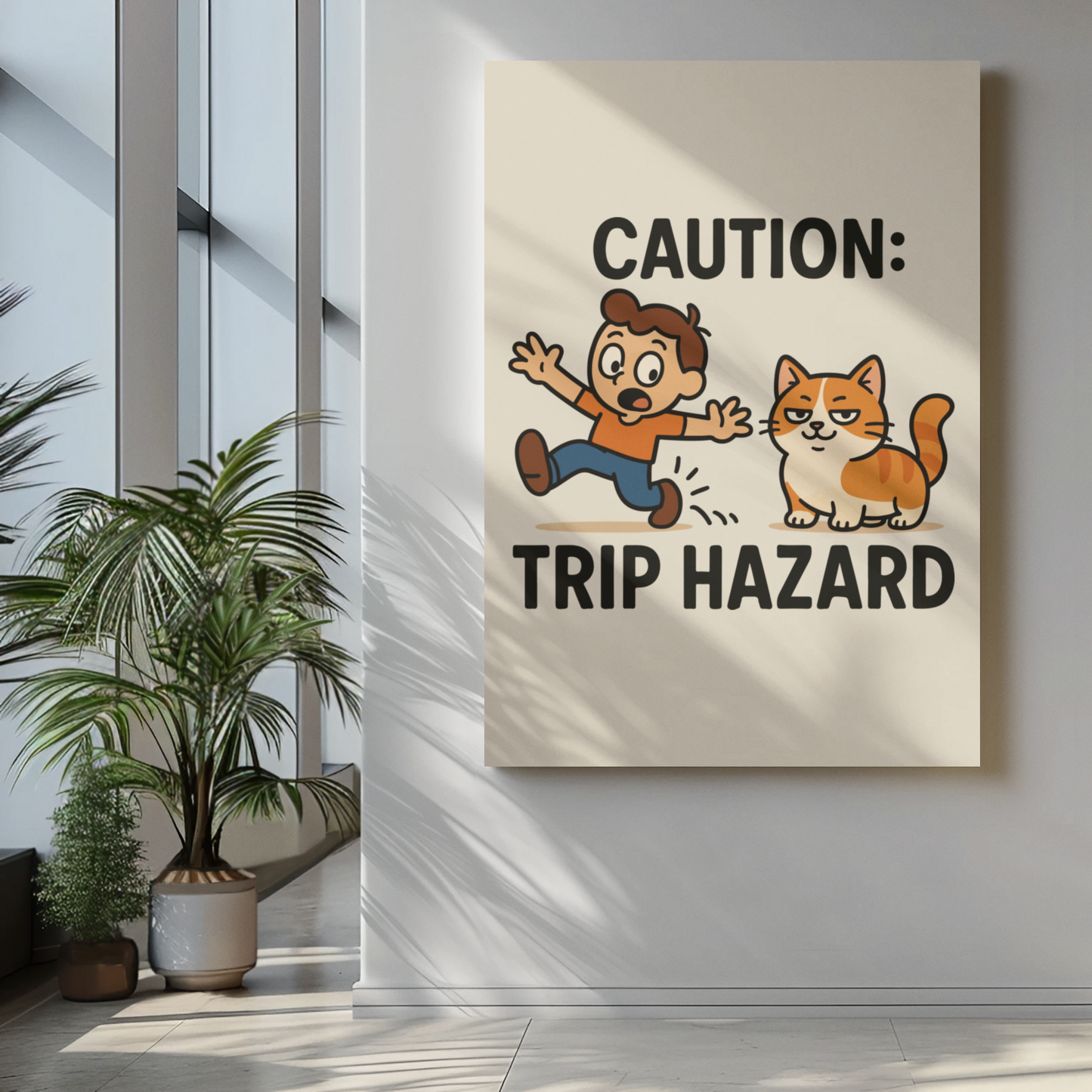 Funny Cat Memes: Whimsical Cat Warning Poster - Caution: Trip Hazard