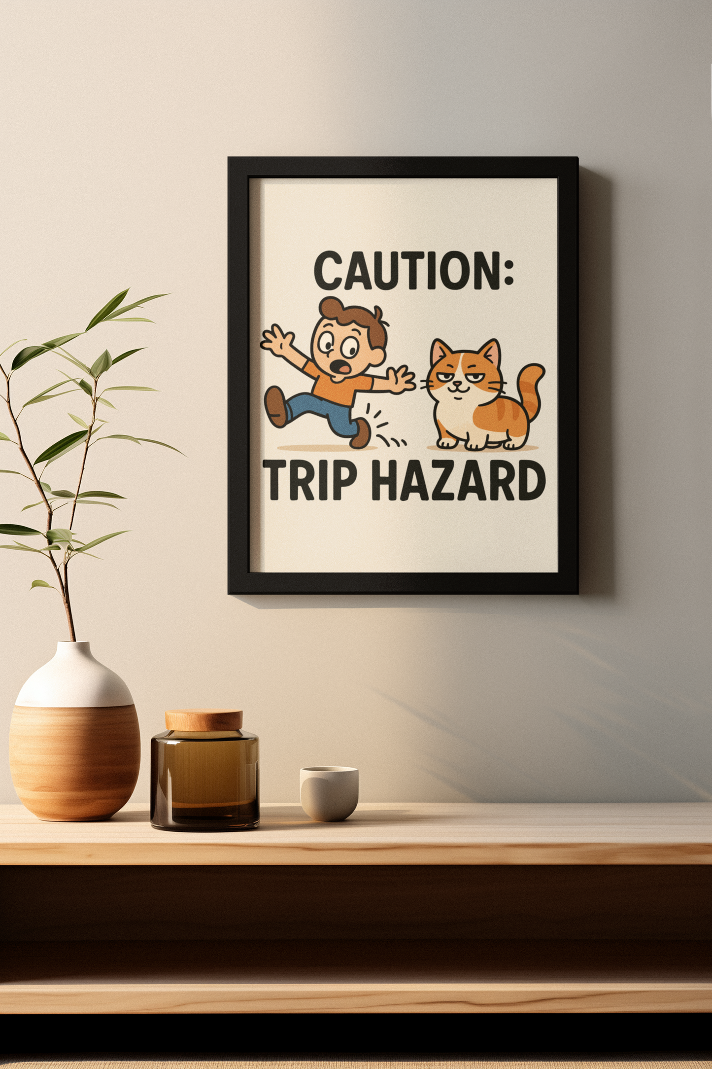 Funny Cat Memes: Whimsical Cat Warning Poster - Caution: Trip Hazard