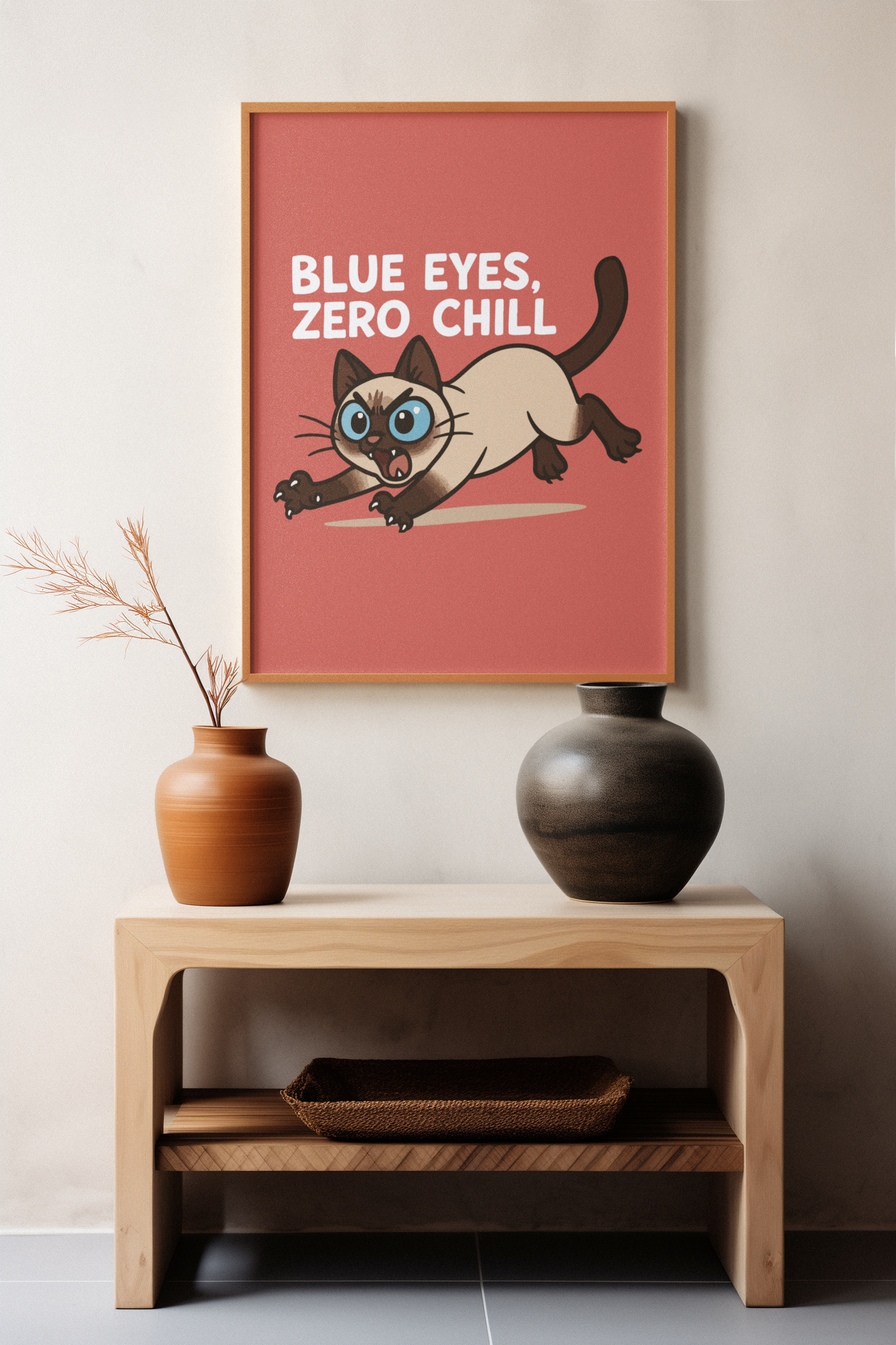 Funny Cat Memes: Whimsical Cat Art Poster - "Blue Eyes, Zero Chill" - Fun Home Decor