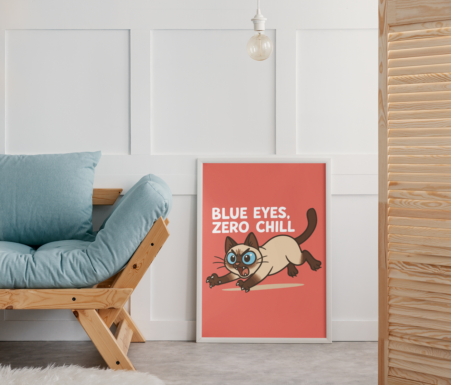 Funny Cat Memes: Whimsical Cat Art Poster - "Blue Eyes, Zero Chill" - Fun Home Decor
