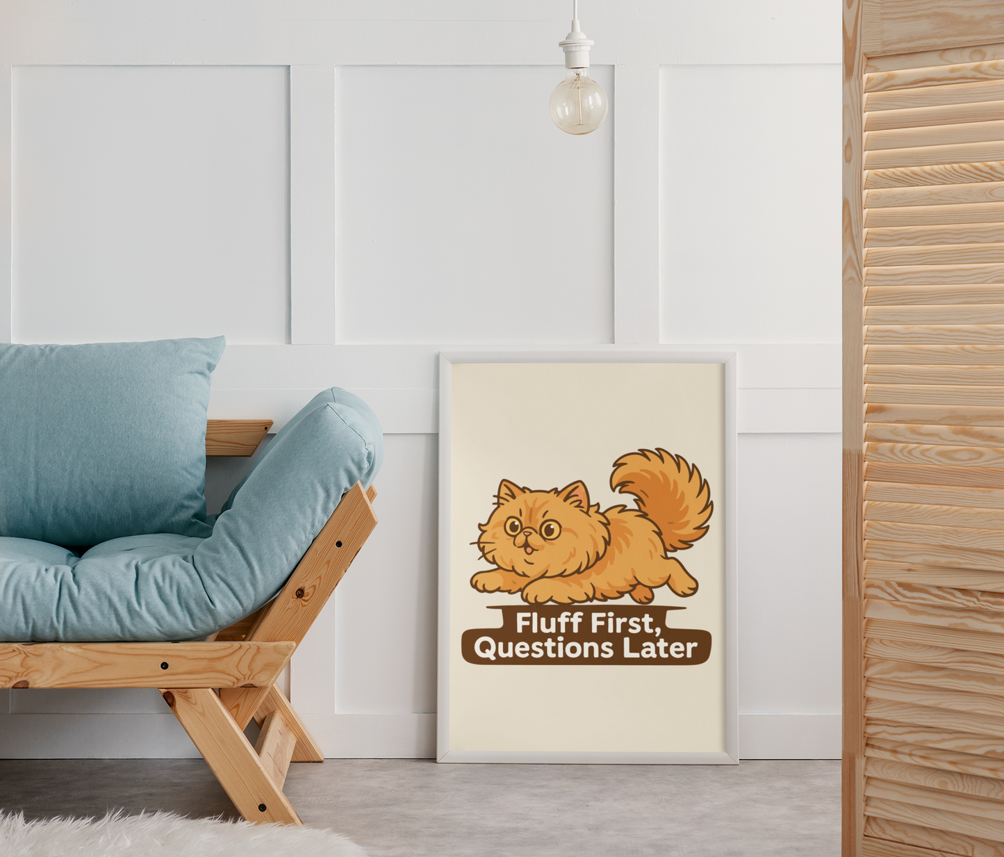 Funny Cat Memes: Cute Cat Poster - 'Fluff First, Questions Later' Decor