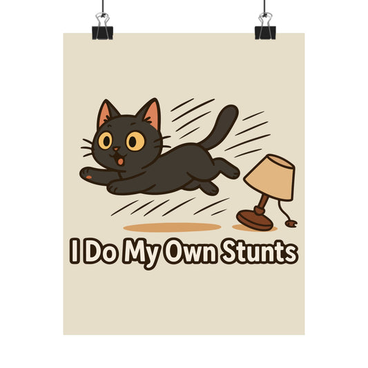 Funny Cat Memes Poster - "I Do My Own Stunts" - Matte Wall Art for Cat Lovers