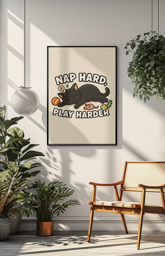 Whimsical Cat Poster - Nap Hard, Play Harder Decor for Cat Lovers