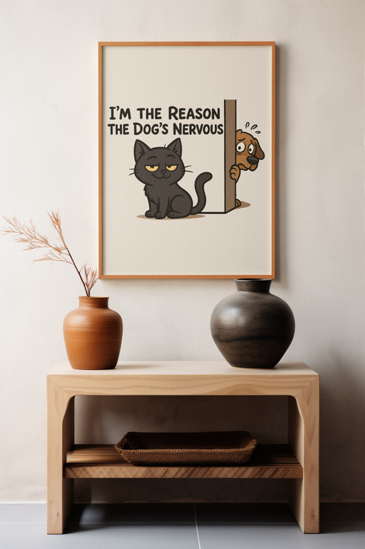 Funny Cat and Dog Vertical Poster - "I'm the Reason the Dog's Nervous"