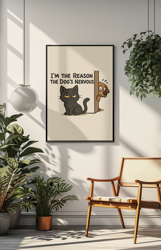 Funny Cat and Dog Vertical Poster - "I'm the Reason the Dog's Nervous"