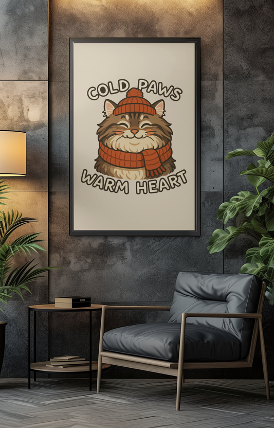 Funny Cat Memes: Cozy Cat Vertical Poster - "Cold Paws Warm Heart" Wall Art