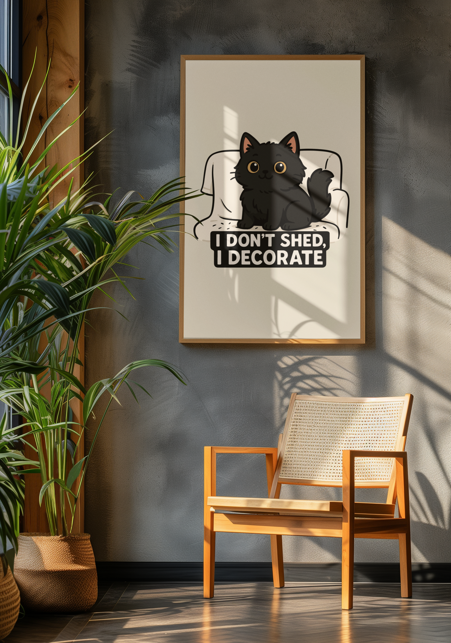 Funny Cat Memes: Cute Cat Poster - "I Don't Shed, I Decorate" - Matte Vertical Wall Art for Cat Lovers