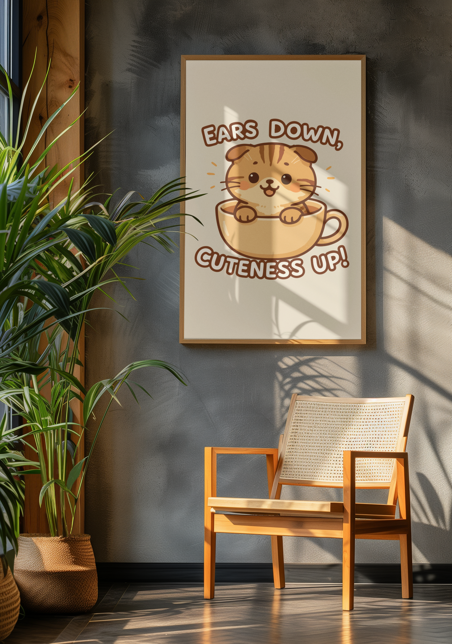 Funny Cat Memes: Cute Cat Poster – 'Ears Down, Cuteness Up!' – Whimsical Home Decor