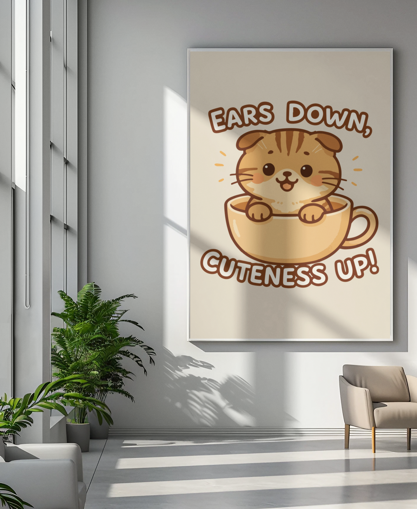 Funny Cat Memes: Cute Cat Poster – 'Ears Down, Cuteness Up!' – Whimsical Home Decor