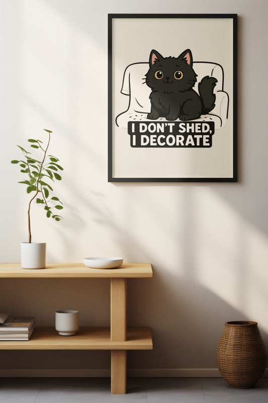 Funny Cat Memes: Cute Cat Poster - "I Don't Shed, I Decorate" - Matte Vertical Wall Art for Cat Lovers