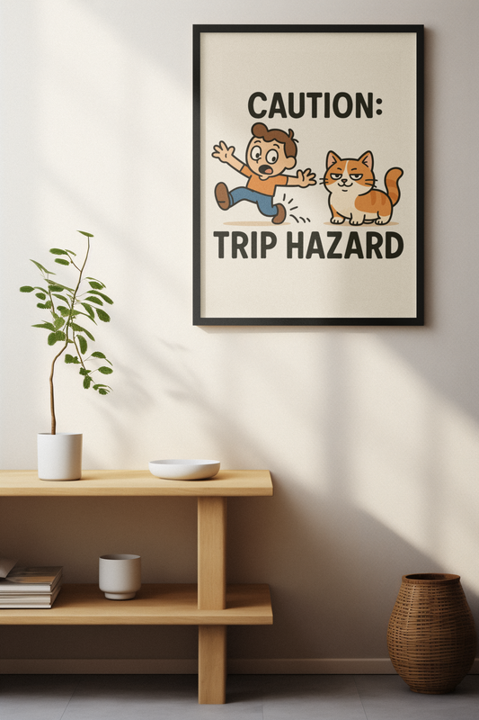 Funny Cat Memes: Whimsical Cat Warning Poster - Caution: Trip Hazard