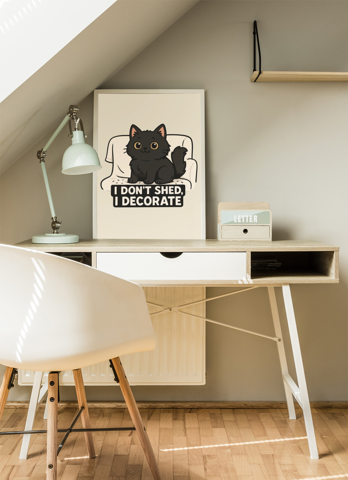 Funny Cat Memes: Cute Cat Poster - "I Don't Shed, I Decorate" - Matte Vertical Wall Art for Cat Lovers
