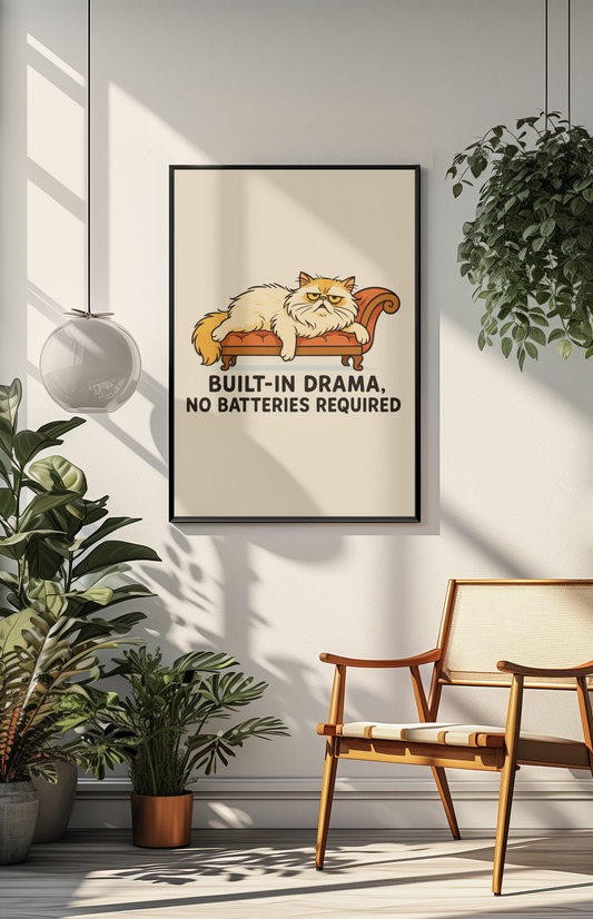Funny Cat Memes Poster - Built-in Drama, No Batteries Required, Cute Cat Wall Art