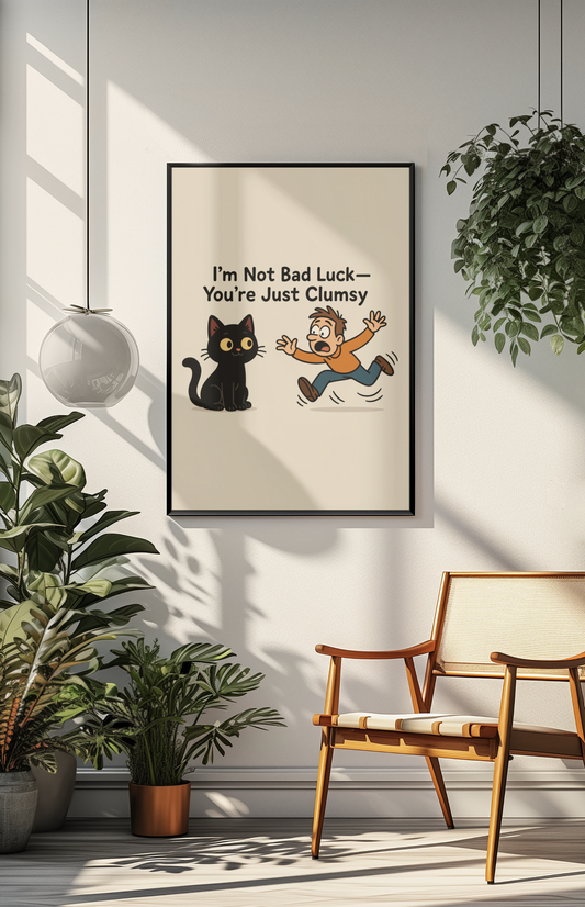 Funny Cat Memes Poster - "I’m Not Bad Luck—You’re Just Clumsy"