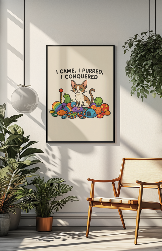 Funny Cat Memes: Whimsical Cat Poster - "I Came, I Purred, I Conquered"