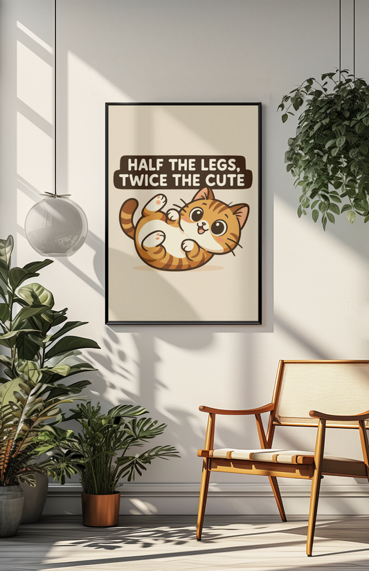 Funny Cat Memes: Cute Cat Poster - 'Half the Legs, Twice the Cute' - Matte Vertical Wall Art