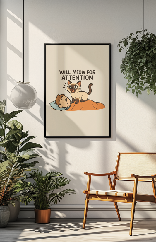 Funny Cat Memes: Playful Cat Matte Vertical Poster - 'Will Meow for Attention'