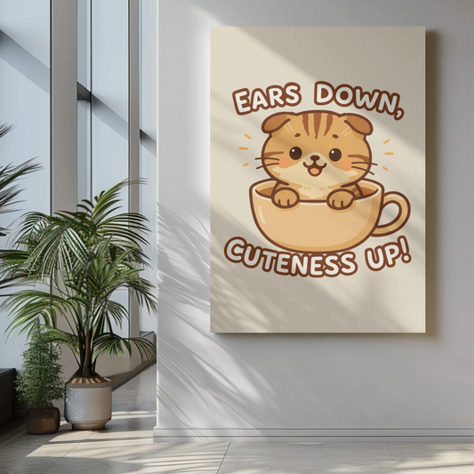 Funny Cat Memes: Cute Cat Poster – 'Ears Down, Cuteness Up!' – Whimsical Home Decor