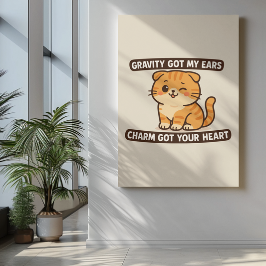 Funny Cat Memes: Adorable Cat Poster - 'Gravity Got My Ears, Charm Got Your Heart' - Cute Home Decor for Cat Lovers