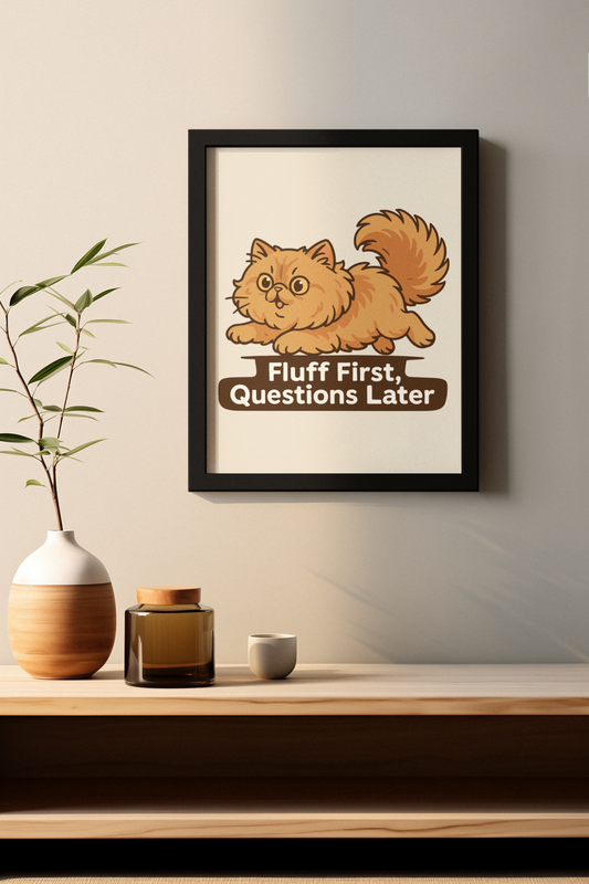 Funny Cat Memes: Cute Cat Poster - 'Fluff First, Questions Later' Decor